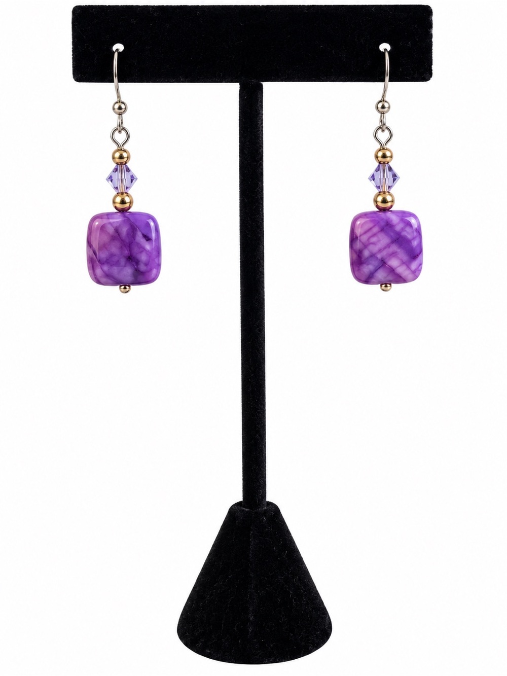 Purple Marbled Beaded Dangle Earrings Silver Gold Tone